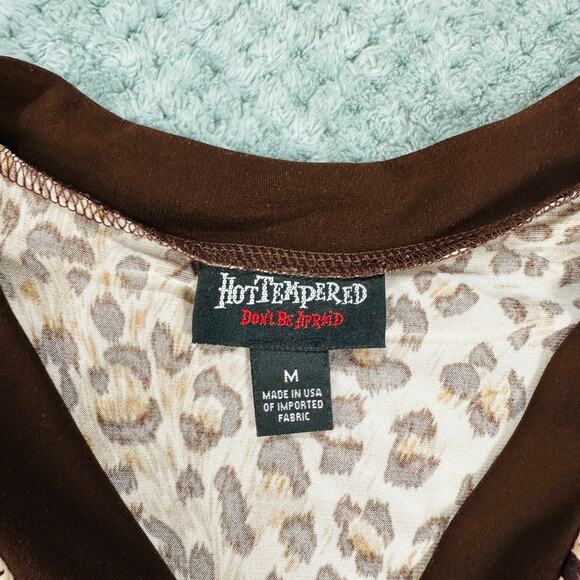 VINTAGE RETRO Y2K LEOPARD DARK BROWN BABYDOLL SHORT SLEEVE BLOUSE M - Picture 4 of 6